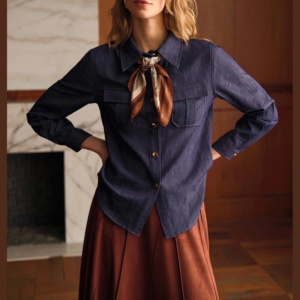 Navy Blue Chambray Button Front Flap Pocket Collared Shirt